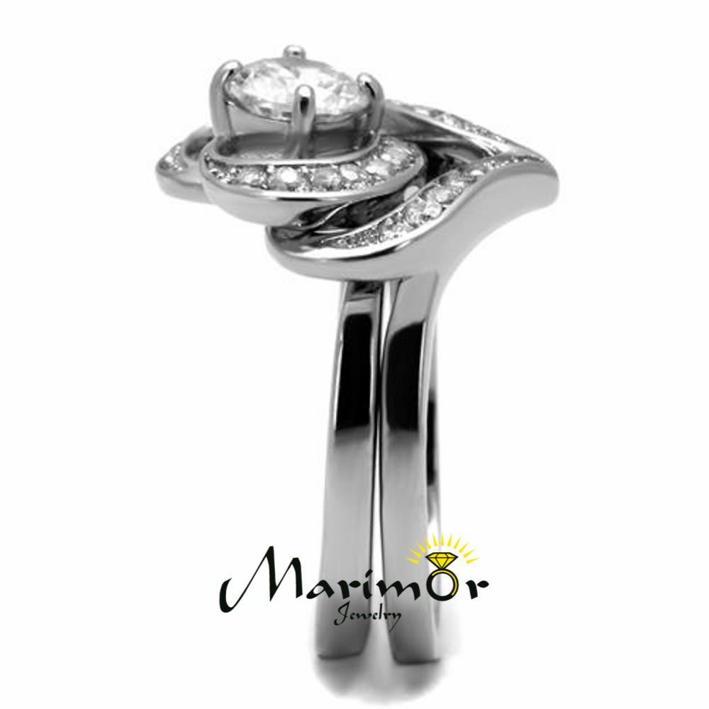 Women's 1.2 Ct Round Cut Cz 2 Piece Heart Shape Stainless Steel Wedding Ring Set