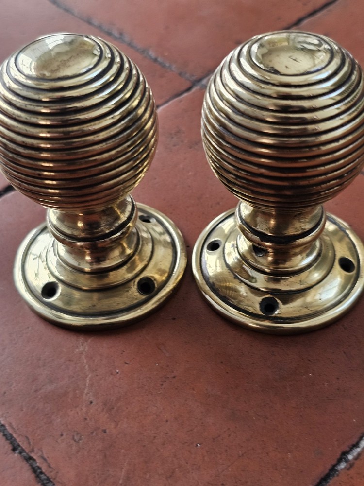Antique original brass beehive mortice lock door knobs