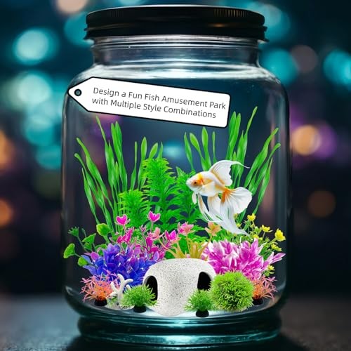 Aquarium Decorations Set, 16Pieces Artificial Plastic Plants & Smooth Fish