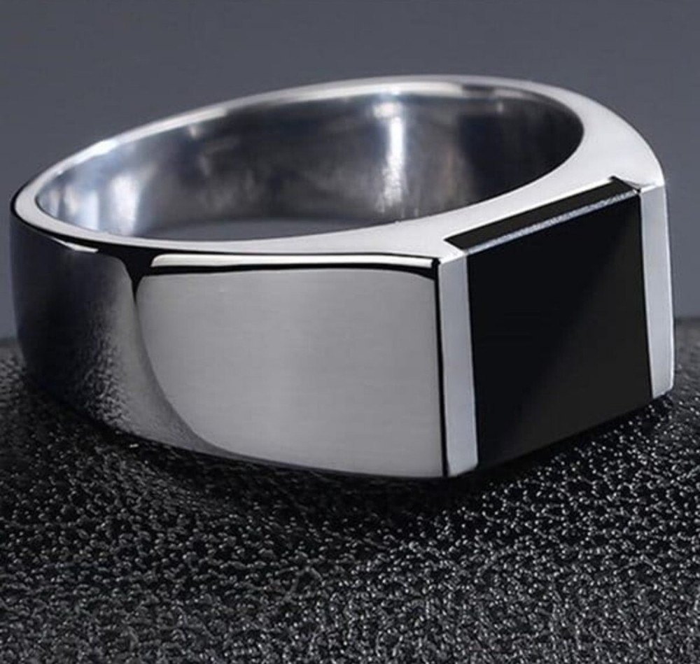 Men’s Black Onyx Style Ring Silver Minimalist Rectangular Signet Band