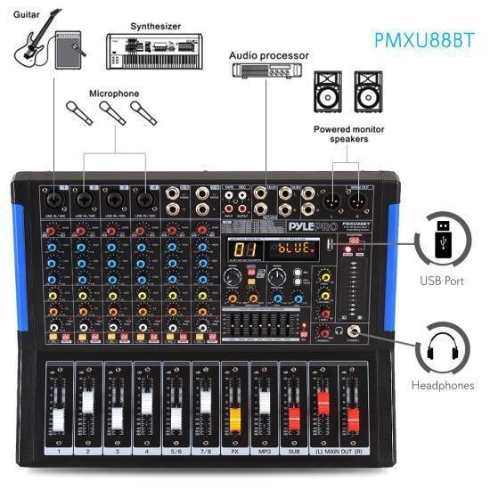 Pyle PMXU88BT Bluetooth 8 Ch. Studio DJ Controller Audio Mixer Console System