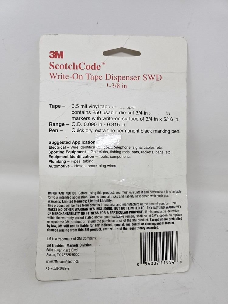3M SWD ScotchCode Wire Marker Write-On Dispenser Tape only USA