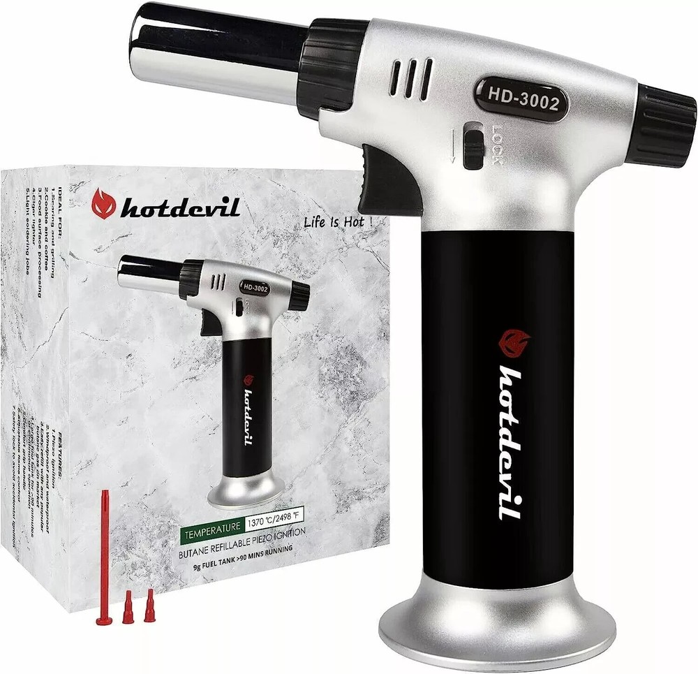 Hotdevil Butane Adjustable Flame Torch 9g Refillable Tank Cooking Lighter Blow