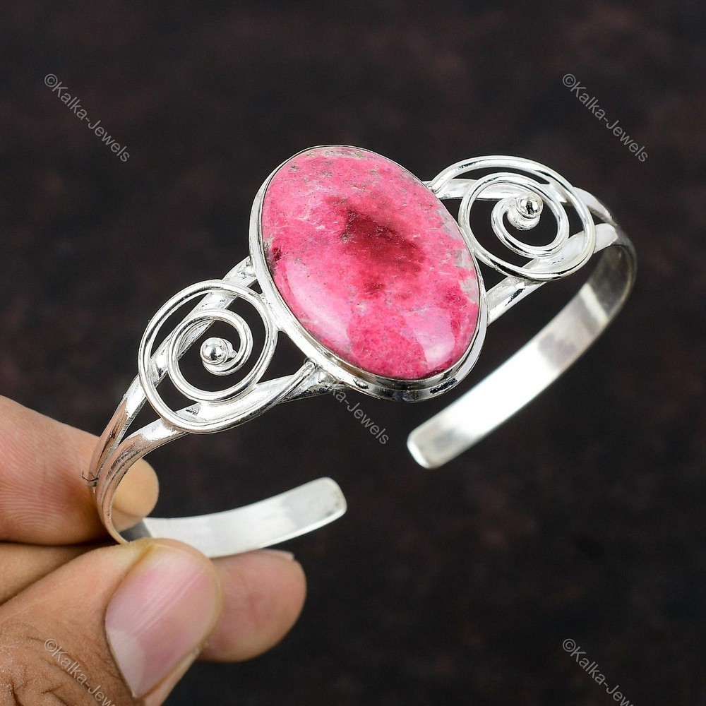 Thulite Bangle 925 Sterling Silver Gemstone Bangle Handmade Unique Cuff Bracelet