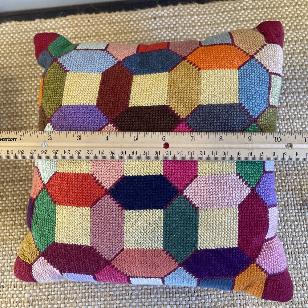 Needlepoint Pillow Geometric Mid Century Approx 10 x 10.5” Solid Red Backing Zip