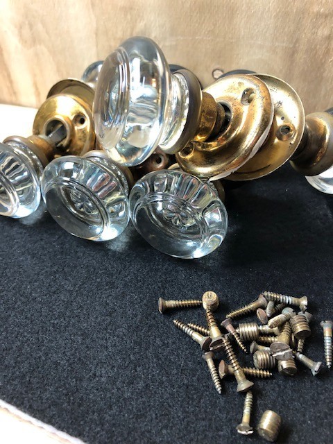 Antique Glass Rosette Door Knobs w/ Brass Hardware - 5 sets