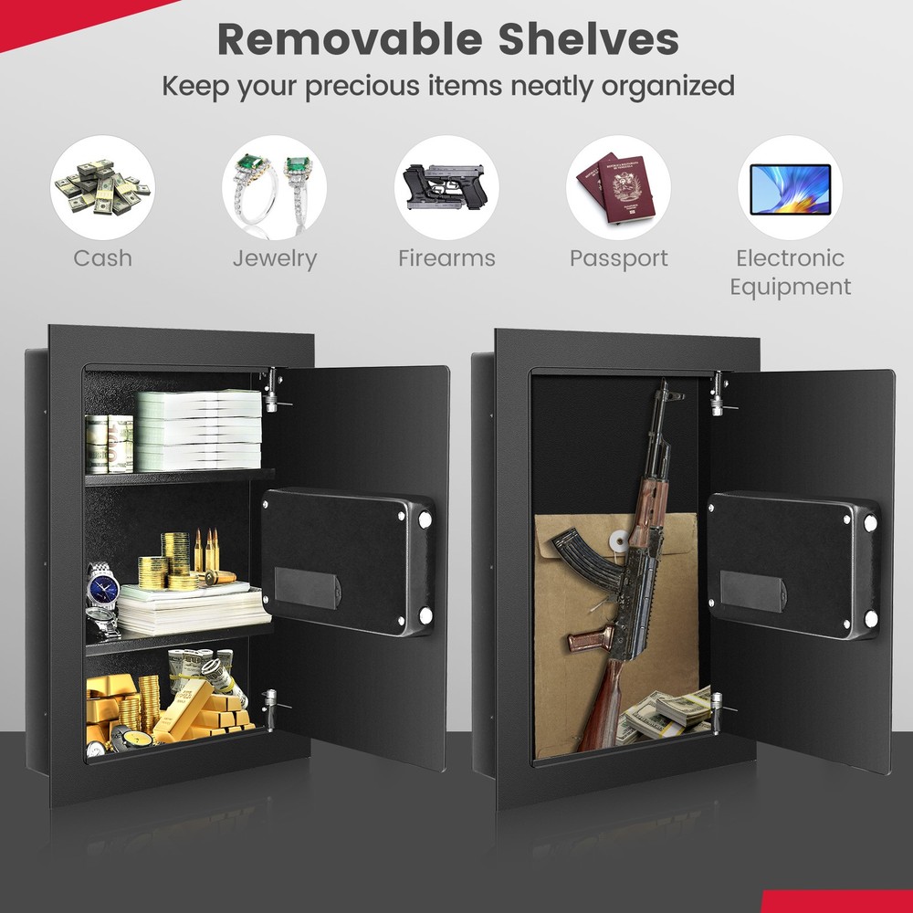 Wall Safe Box, Electronic Flat Wall Safe with Digital Keypad & 2 Emergency Keys