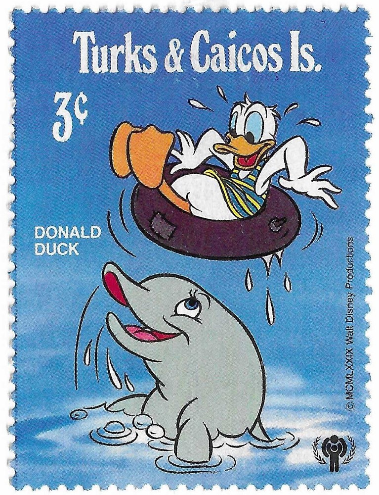 STAMP TURKS & CAICOS IS. SCOTT 403 "Disney-Donald & Dolphin" 3 CENT 1979 MH