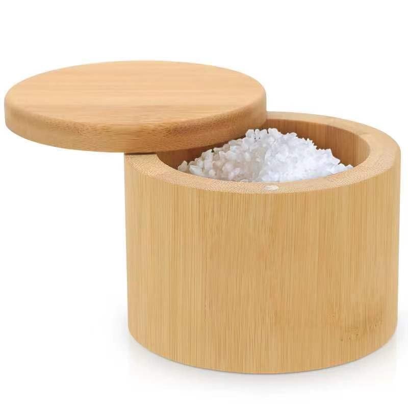 Salt Cellar, Bamboo Salt Container with Lid, Solid Salt Box Holder with 360° ...