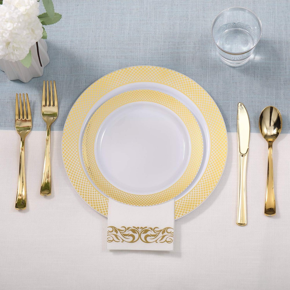 FOCUSLINE 10" Dinner Plates, 7" Dessert 175Pack Gold Dinnerware Set