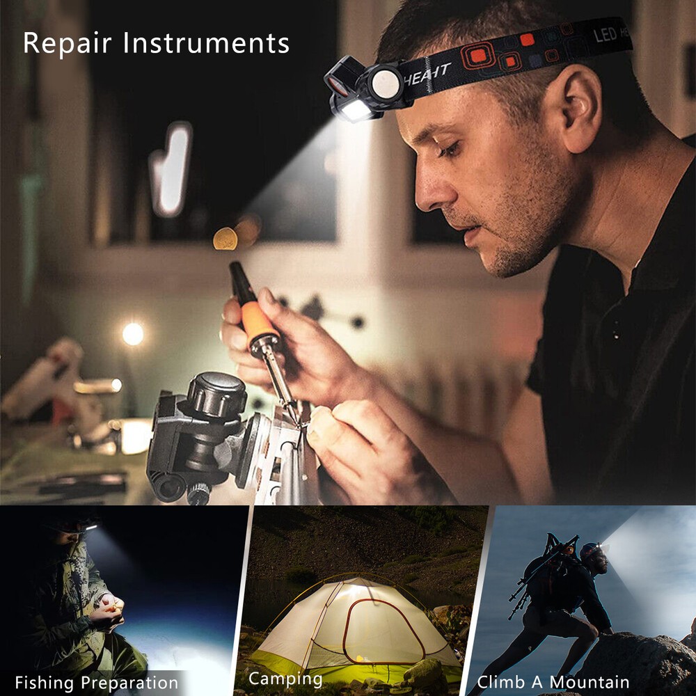 2 PACK LED COB Headlamp Waterproof USB Rechargeable Head Torch Headlight 2 Modes