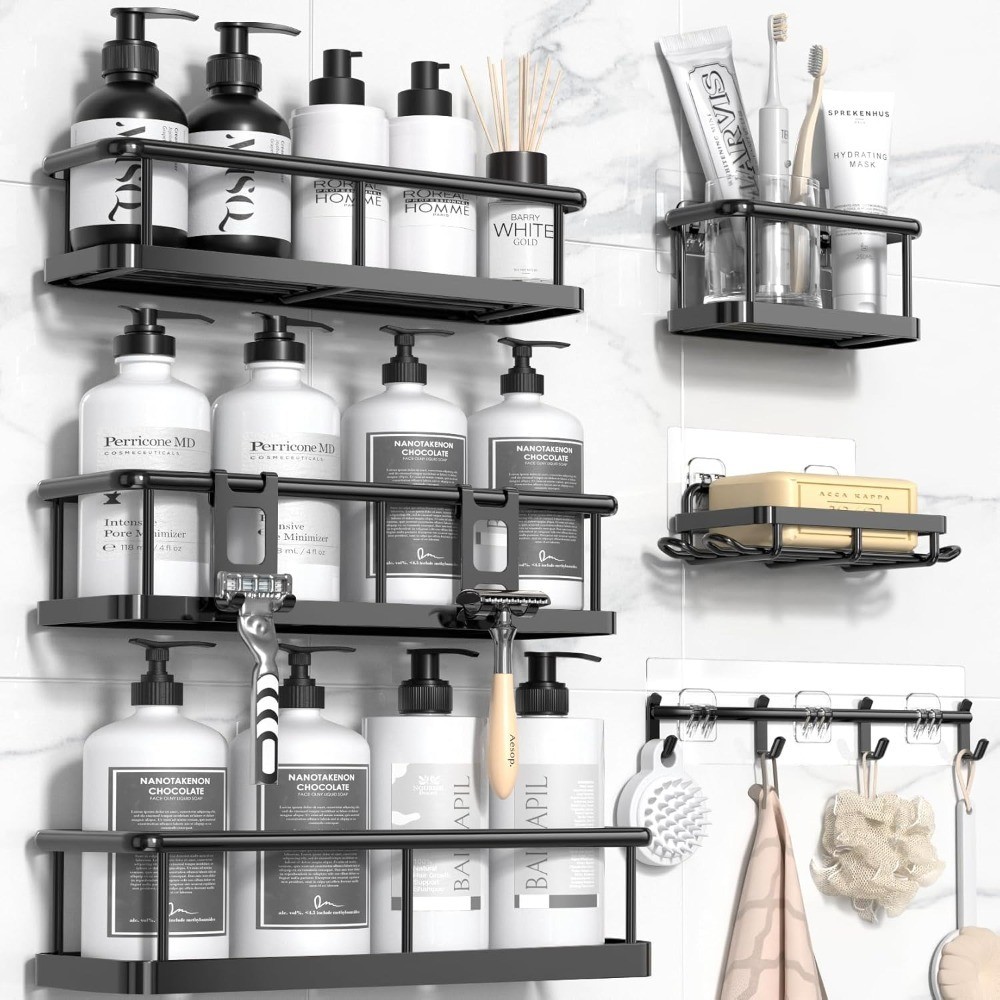 Large Capacity Rustproof Adhesive Shower Caddy Organizer with Soap Holder,