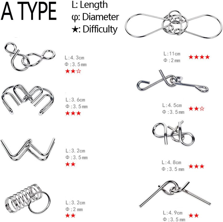 16 PCS Type A+B Different Brain Teaser Metal Wire Puzzles IQ Challenge Magic Tri