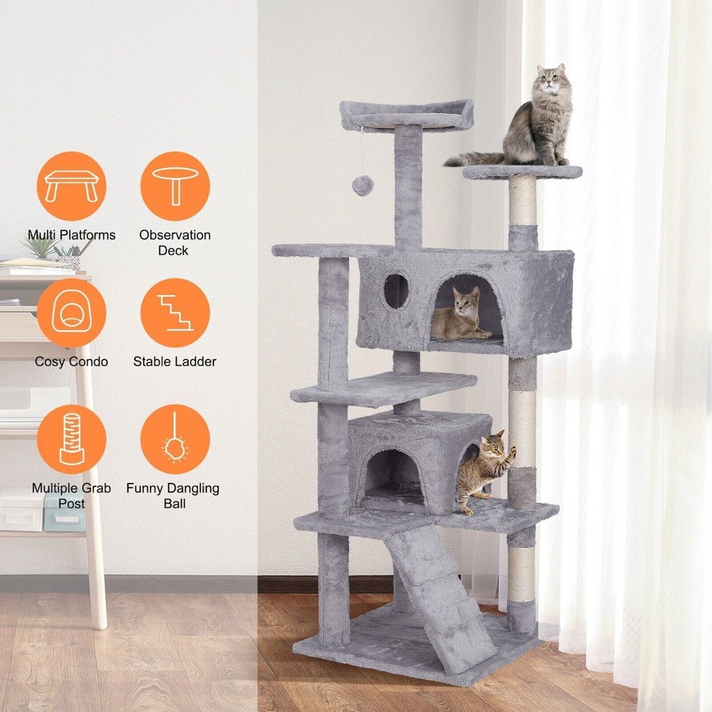 55" Cat Tree Tower Condo Scratching Post Kitten Activity W/3 Perches Light Grey