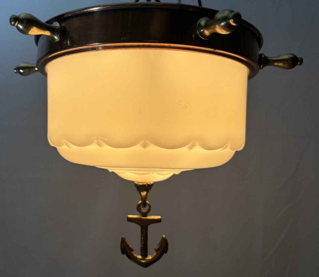 Vtg Nautical Light Fixture MCM Brass Anchor Closet Custard Art Glass Shade #L60