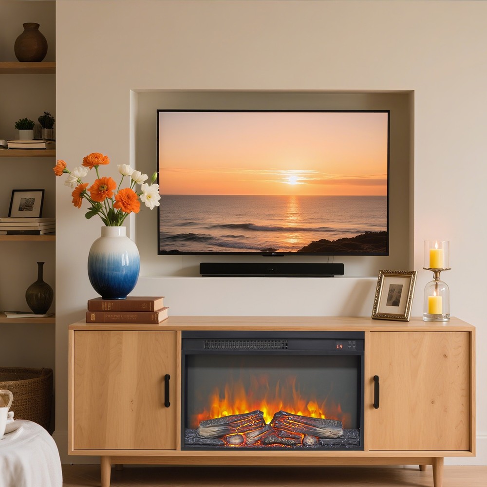 26'' Ultra Thin Electric Fireplace with Log Set & Remote Control & Timer 1400W