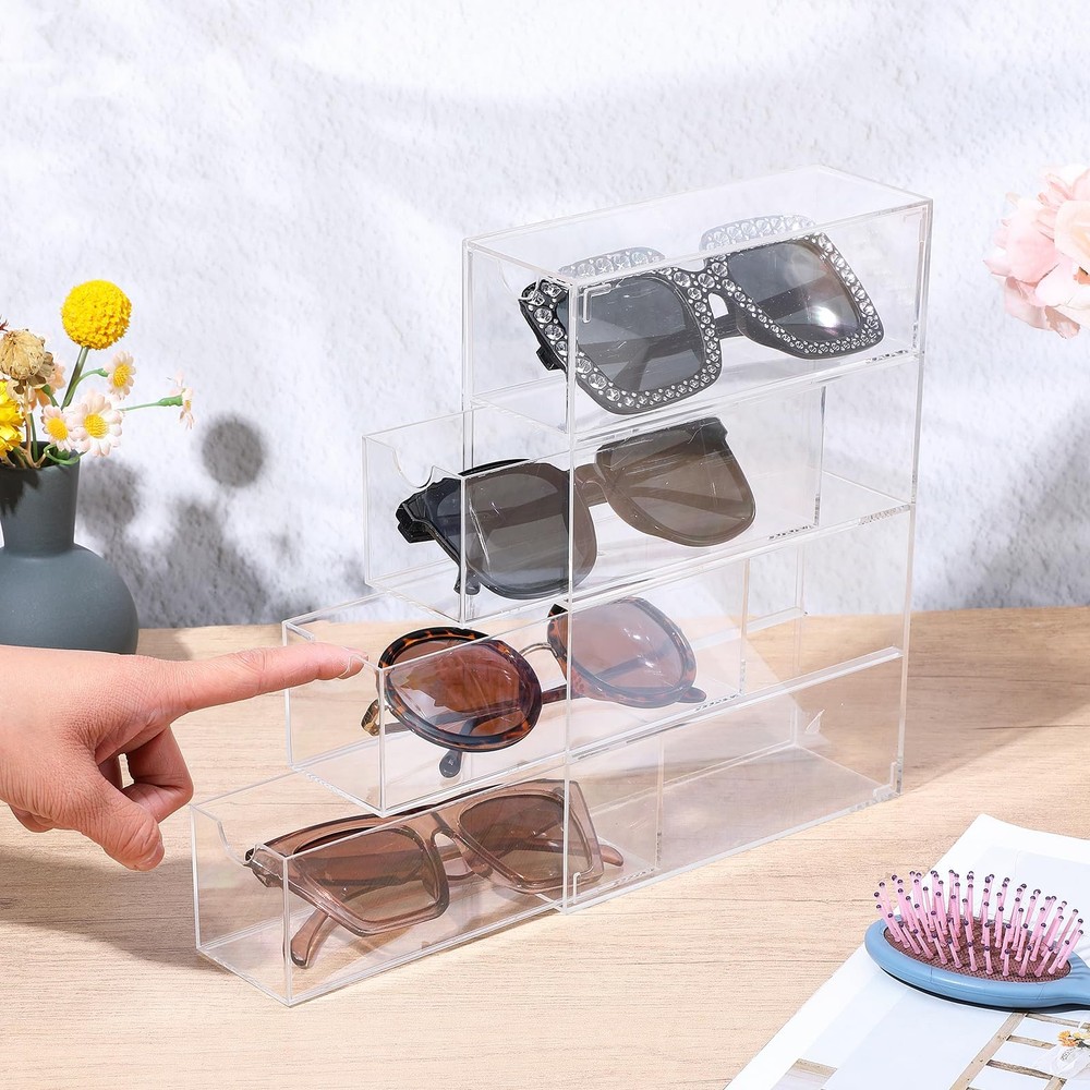 Acrylic Sunglass Organizer with Drawers - Stackable Eyewear Storage Case