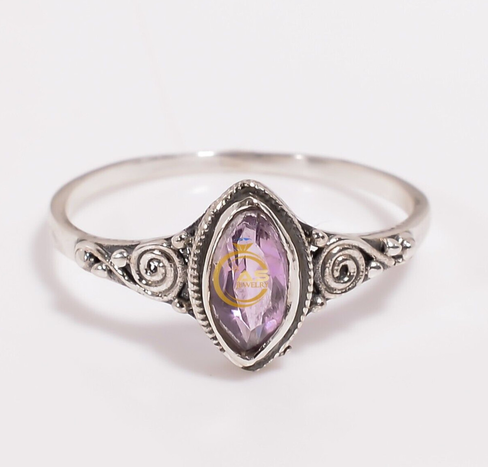Purple Amethyst Cut Stone Ring 925 Sterling Silver Boho Rings Gift for Her