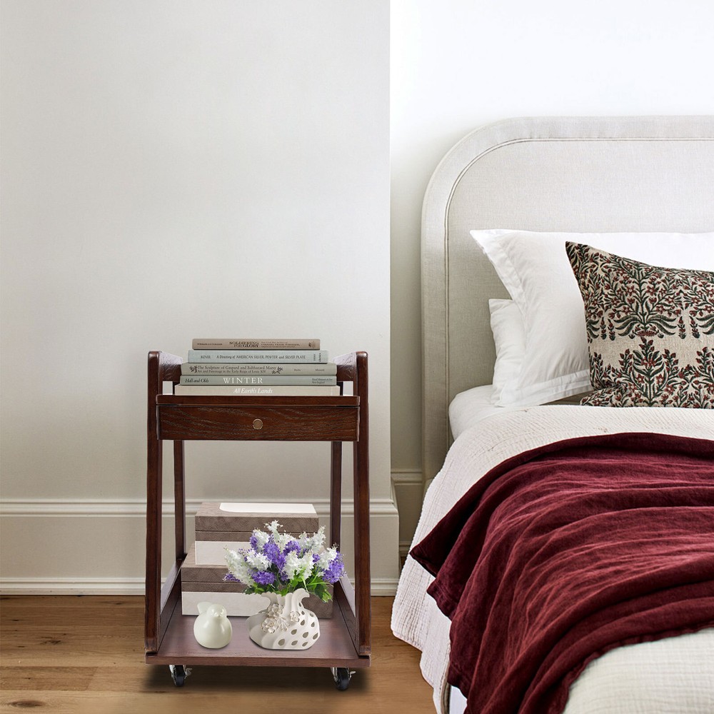 Walnut Retro Wood End Table, 2-tier Side Table, Storage Couch Table with Wheels