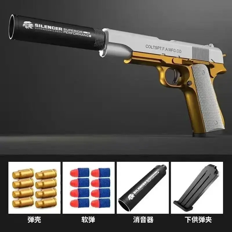 🚀 1911 Soft Bullet Gun – Black, Gold, Pink, Blue Shell Eject!