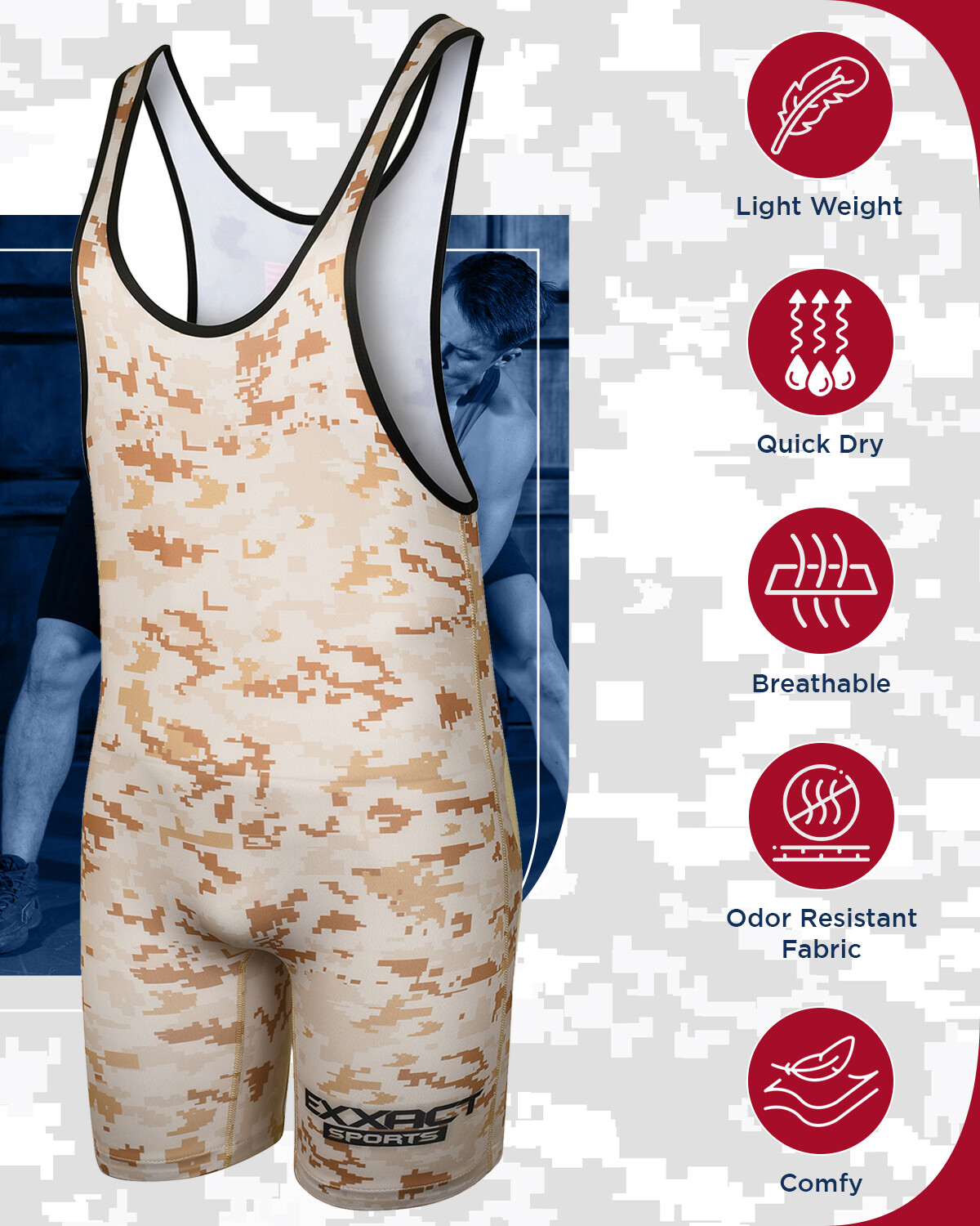 Exxact Sports Camoflage Wrestling Singlet for MMA, Powerlifting Singlet Youth