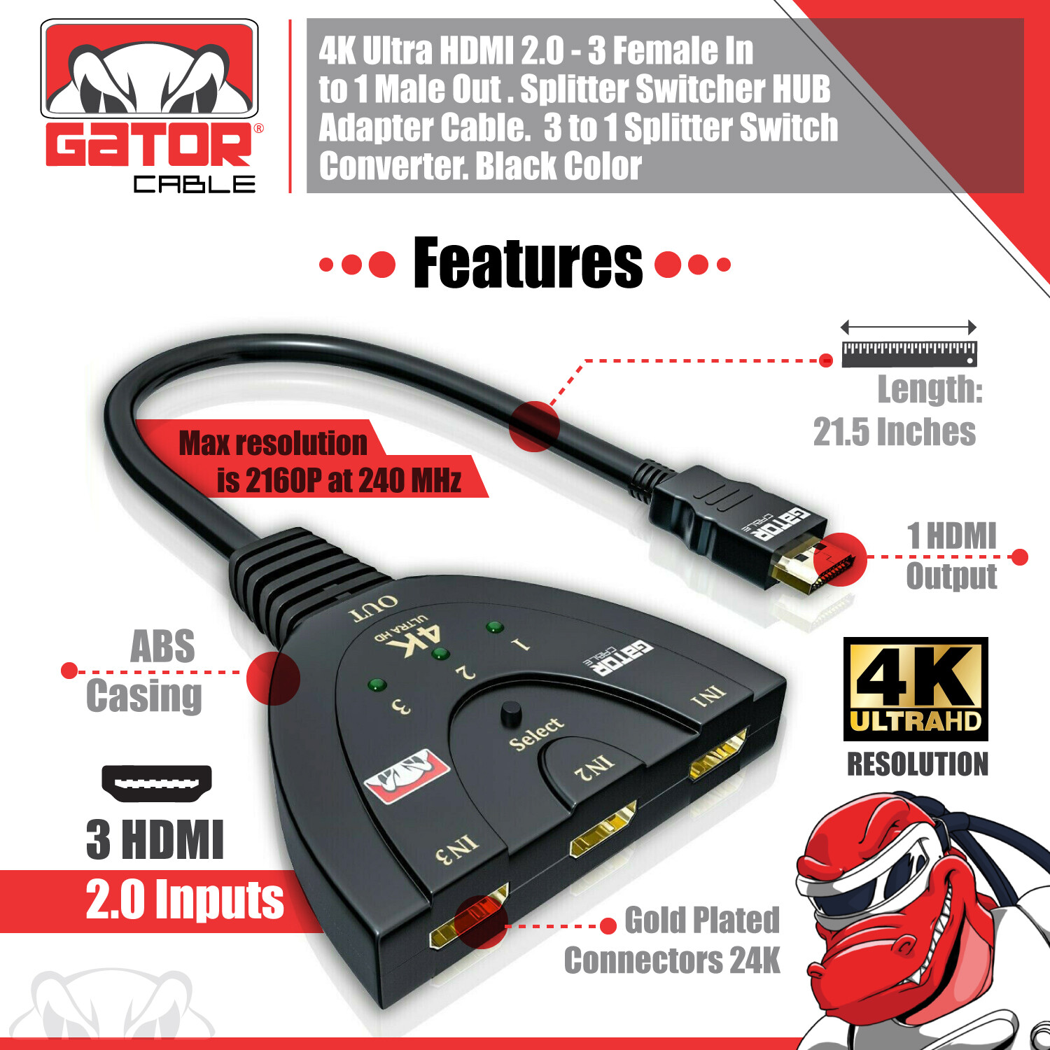 4K HDMI 2.0 Cable Auto Switch Switcher Splitter Adapter 3 In to 1 Out Devices