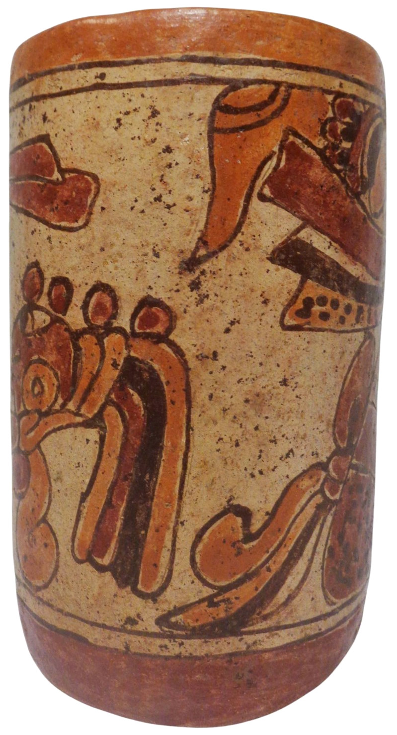 MID-CENT REPRO of PRE-COLUMBIAN HAND DEC CERAMIC CYLINDER VESSEL of SEATED DEITY