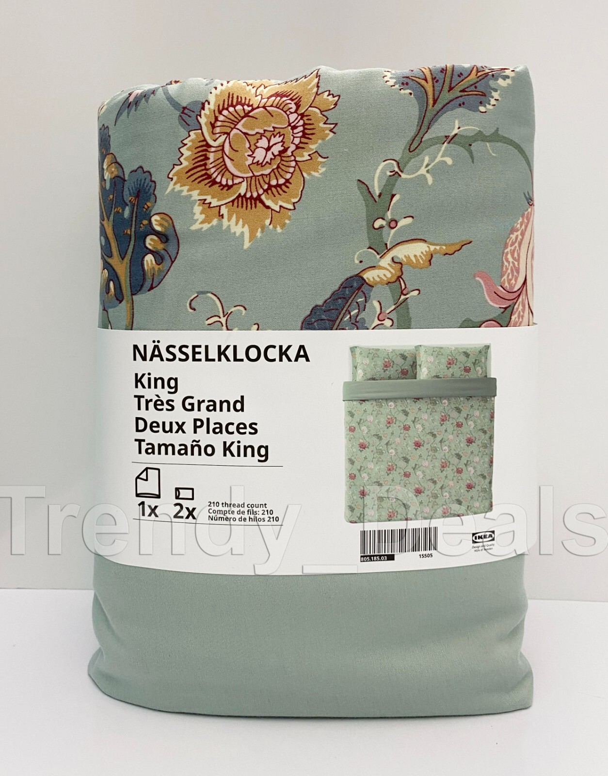 Ikea NASSELKLOCKA King Duvet Cover w/2 Pillowcases Bed Set Green/Floral - NEW