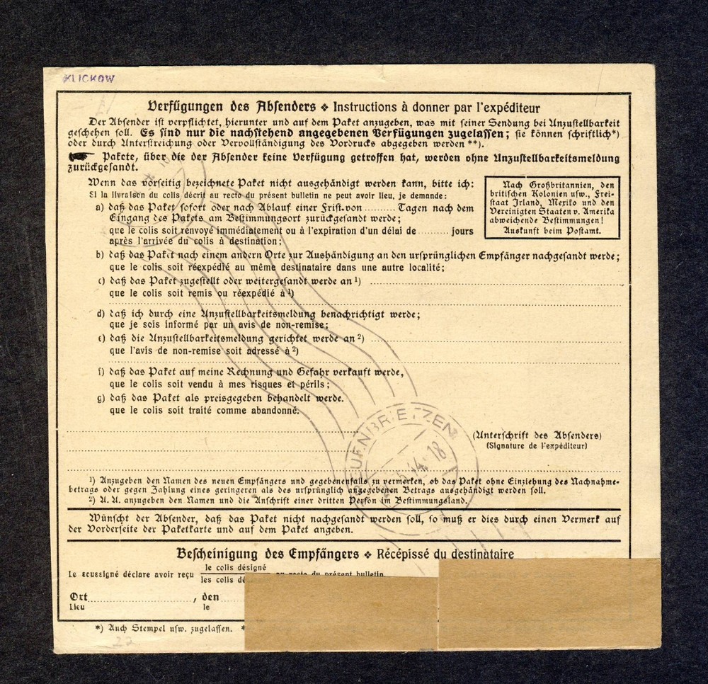 Lithuania 1944 Parcel Card signed by Klickow