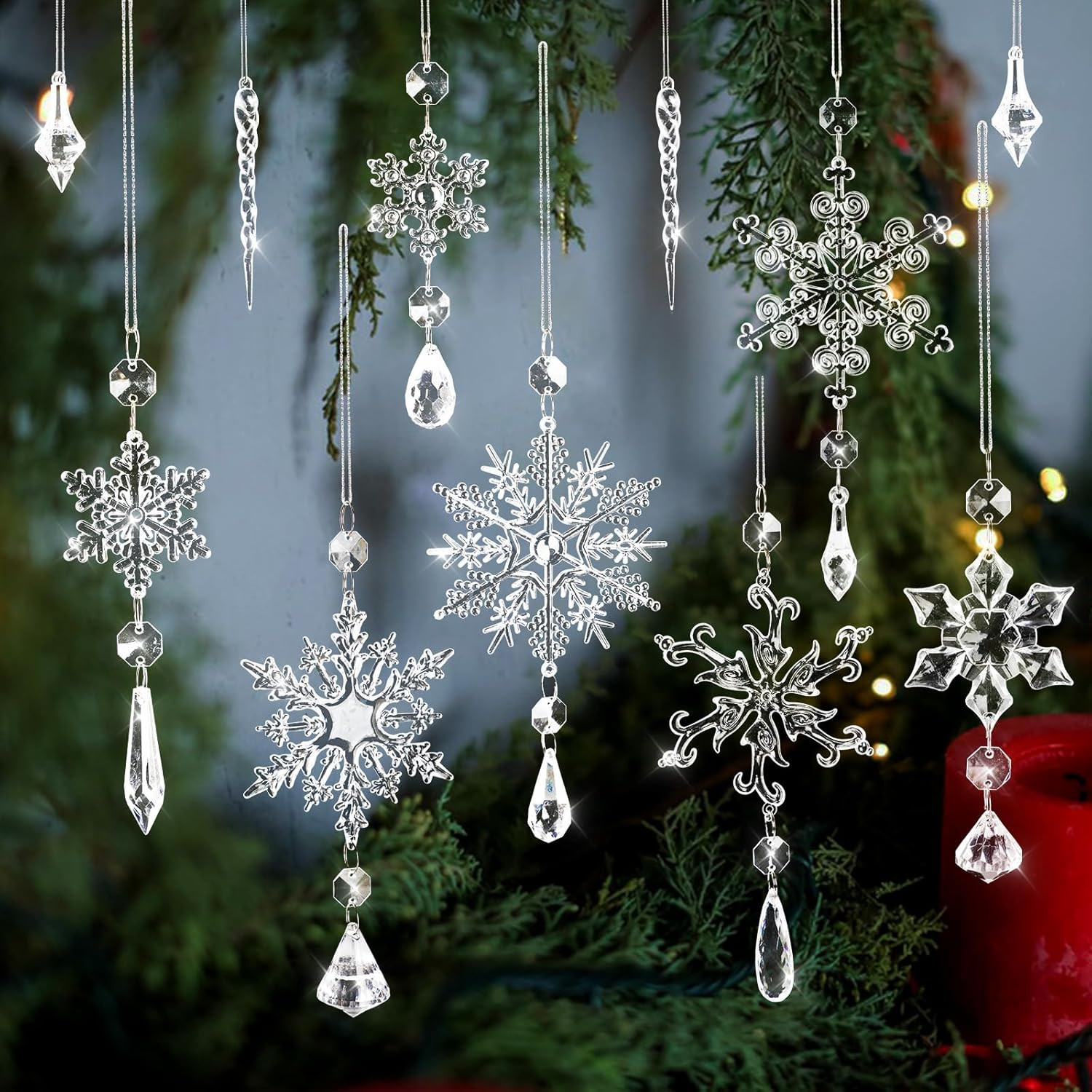 16Pcs Crystal Snowflake Christmas Tree Ornaments - Festive Holiday Decor