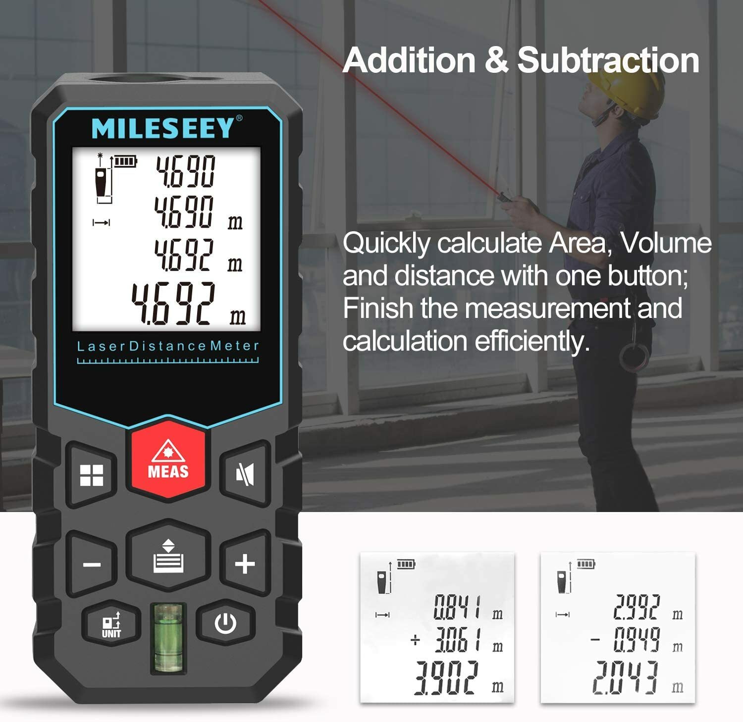 Mileseey 164Ft Laser Distance Meter Digital Tape Measure Area Volume Measure