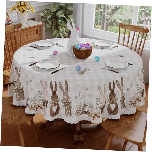 Round Easter Tablecloth 70x70 Inch, Washable Eggs Floral Bunny 70" (Round)