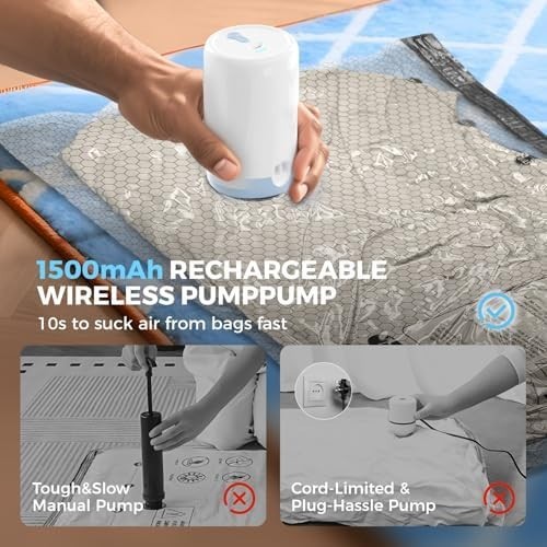 15 Pack Travel Vacuum Bags with Rechargeable Wireless Pump, Clothing Seal Org...