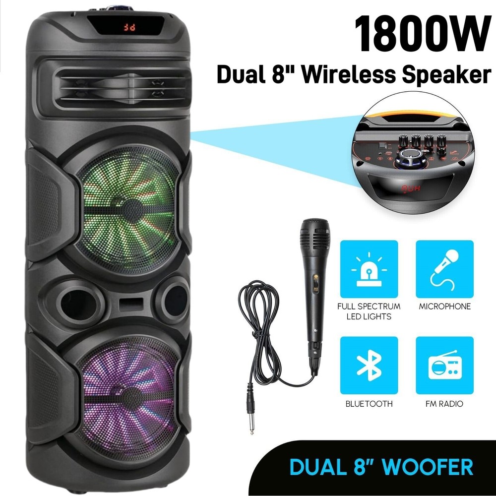 1800W Dual 8" Rechargeable Bluetooth Wireless Bluetooth Speaker with Mic & Light