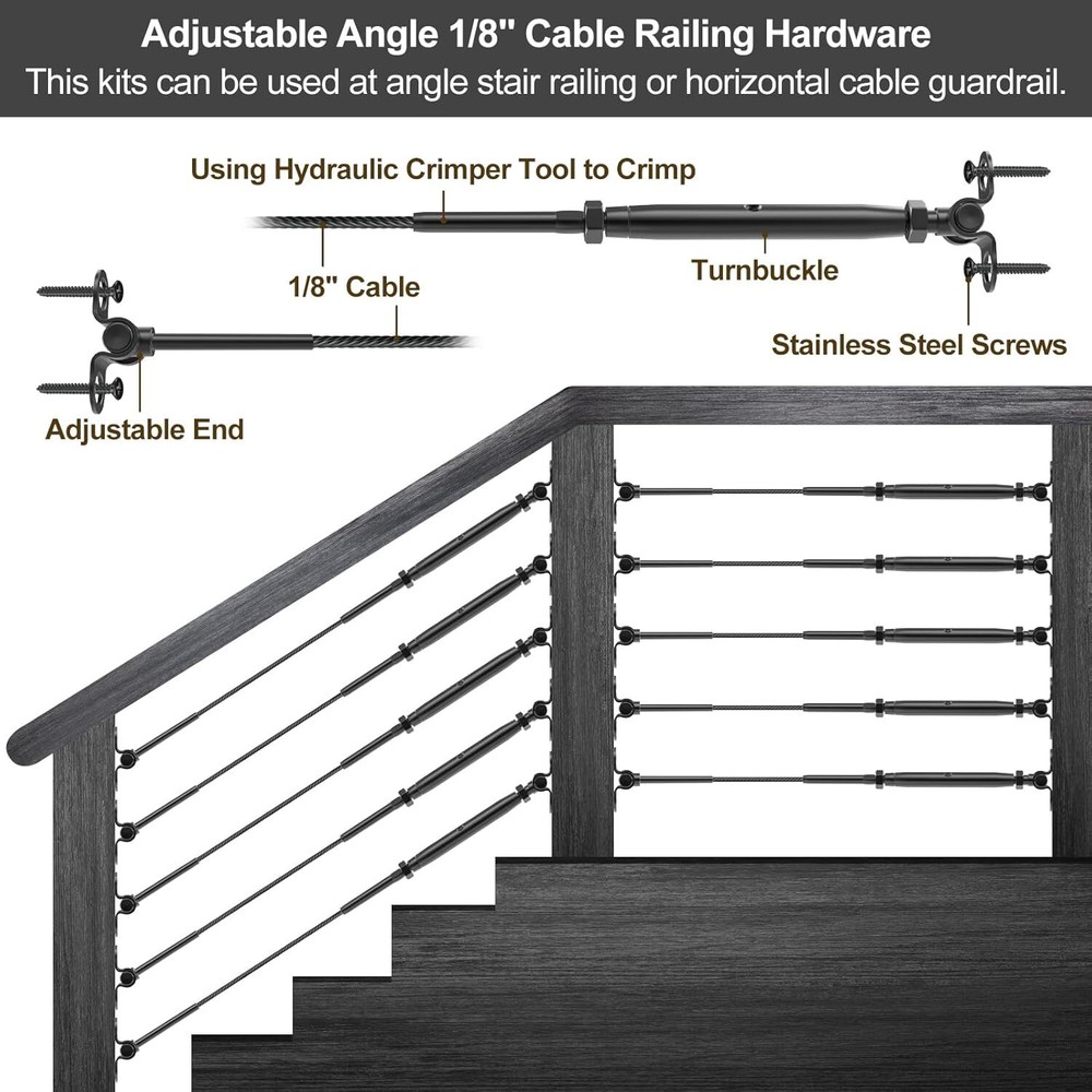 10 Pair 1/8" Black Cable Railing Kit Swage Toggle Turnbuckle Hardware Adjustable