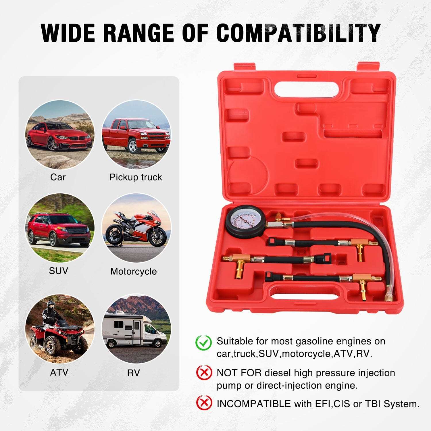 9pcs 0-100 PSI Fuel Injection Pump Pressure Gauge Petrol Engine Diagnostic