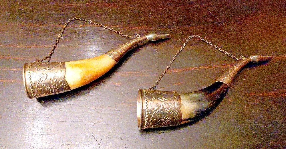Soviet White Metal Decorated Drinking Cow Horns  21 Cms