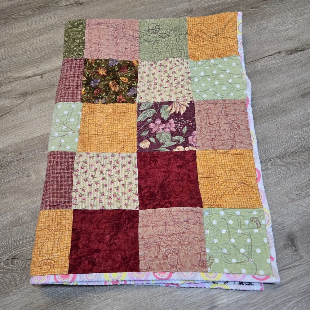 Handmade Patchwork Lap Quilt Homemade 50"x35" Multicolor Fall Colors Music Notes