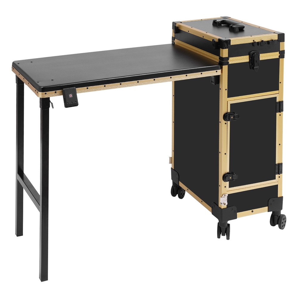 Rolling Makeup Case with Mirror Light Bluetooth Speaker Black Gold Trim Lockable