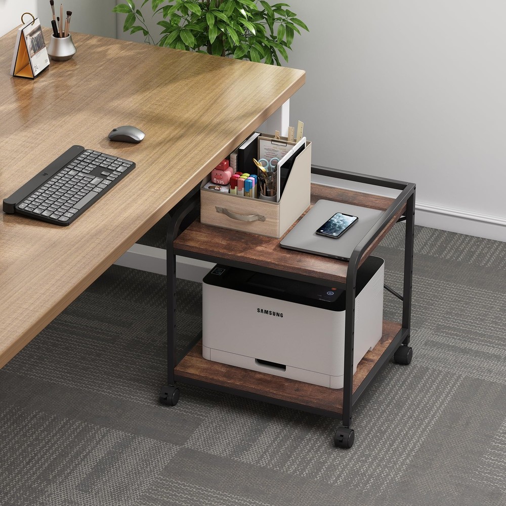 Under Desk Printer Stand, 20 Inches Deep Large Printer Table with Height Adju...