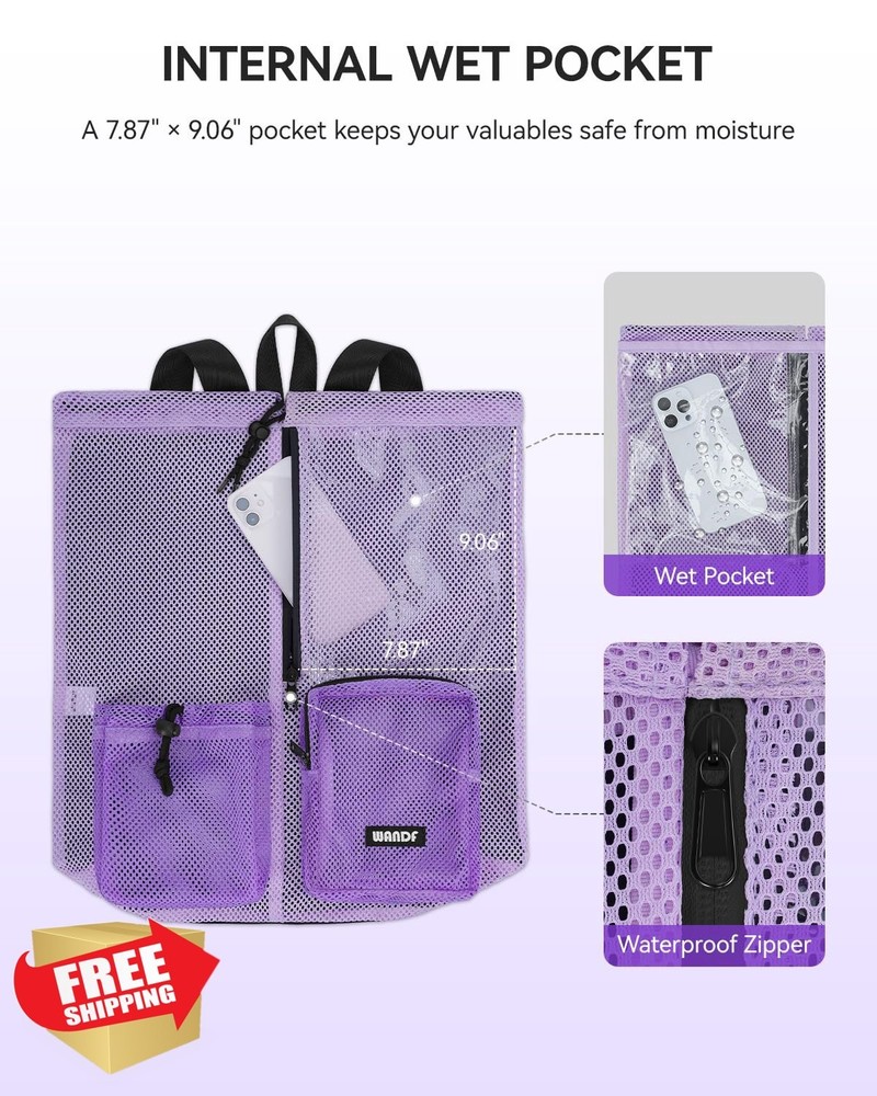 WANDF Mesh Swim Bag Drawstring Backpack Wet Pocket