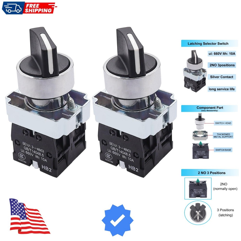 2Pcs 22mm Selector Switch 2 NO 3 - Positions Maintained Latching Rotary Selec...
