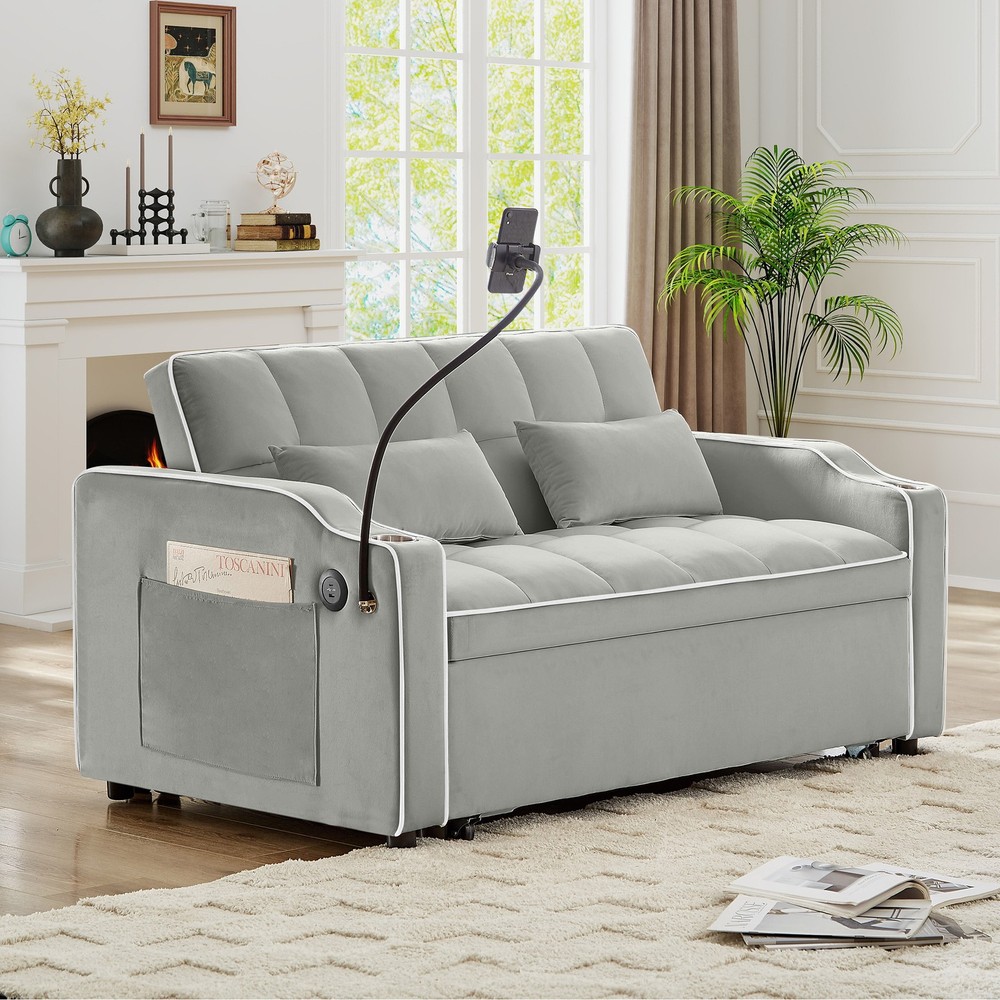 Versatile Foldable Double Seat Recliner,Comfortable Velvet Pull-Out Sleeper Sofa