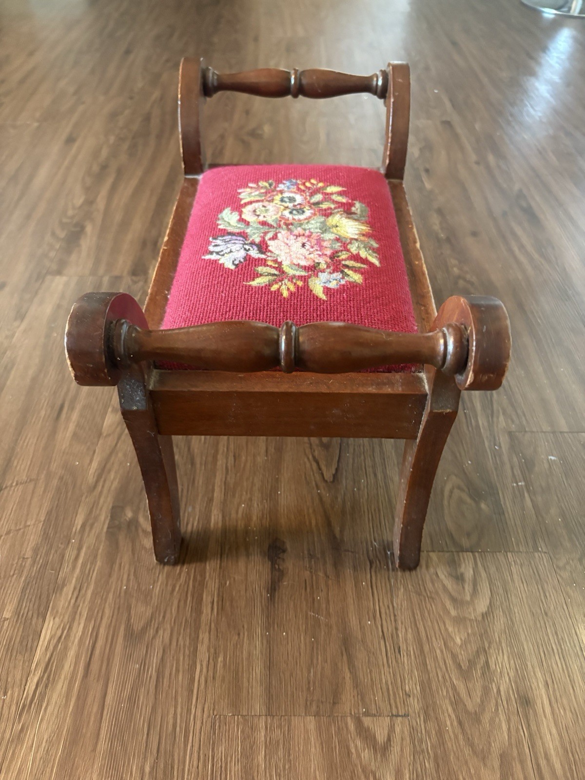 19thC Antique Victorian Footstool Bench Floral Needlepoint Petit Point
