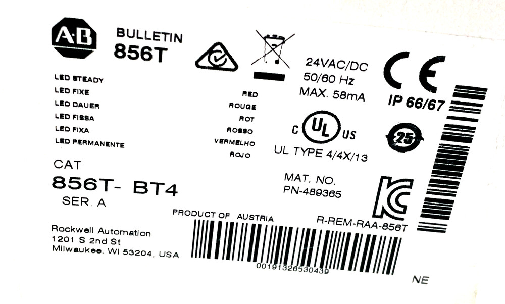 ALLEN BRADLEY 856T-BT4 STACK LIGHT SER. A 856TBT4 NEW, SURPLUS