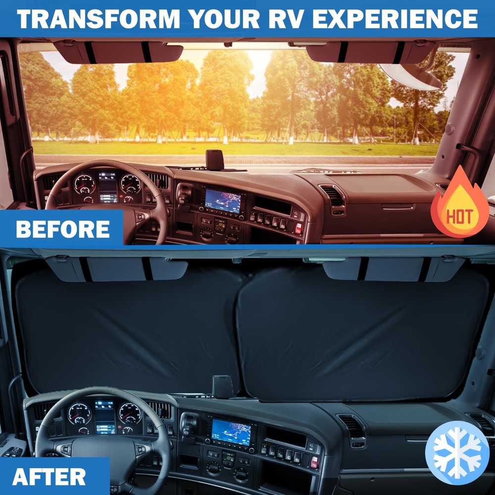 2-Piece RV Windshield Sunshade | Reflective 240T Polyester Front Windshield S...