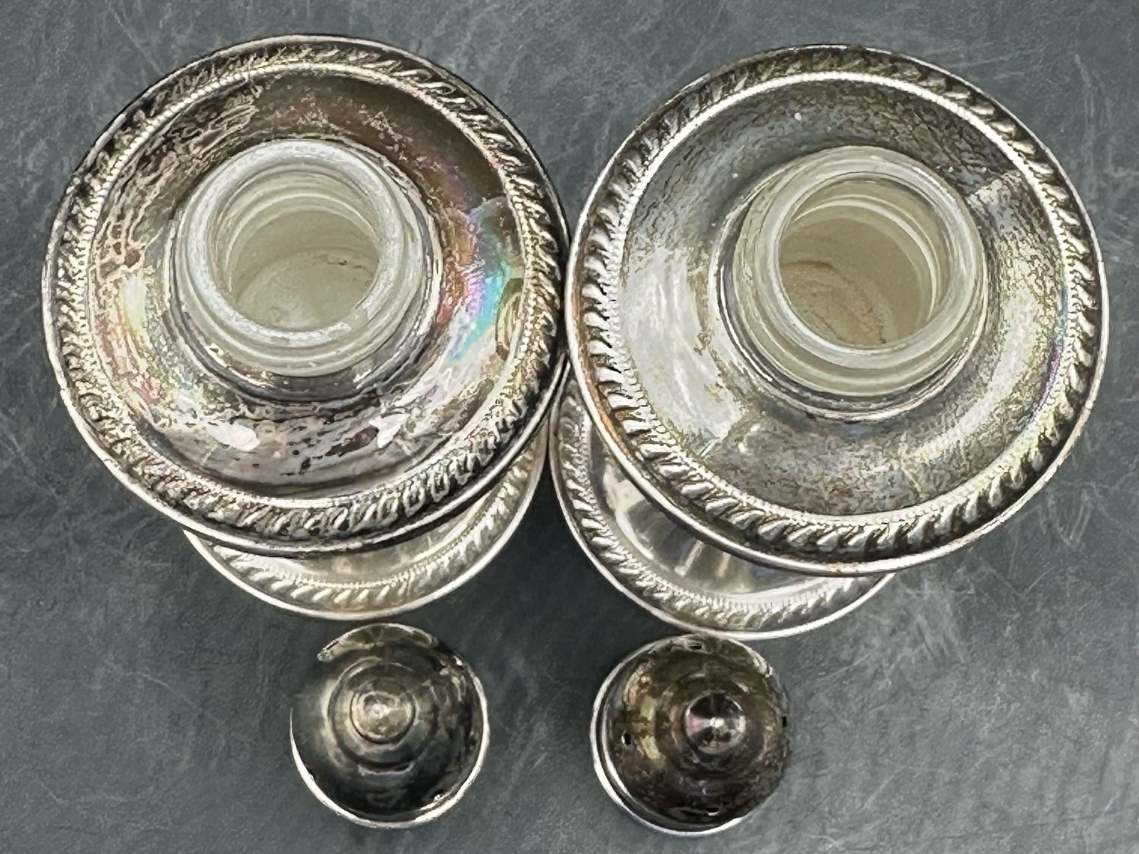 Duchin Creation Salt & Pepper Shakers Weighted Sterling Silver Over Glass
