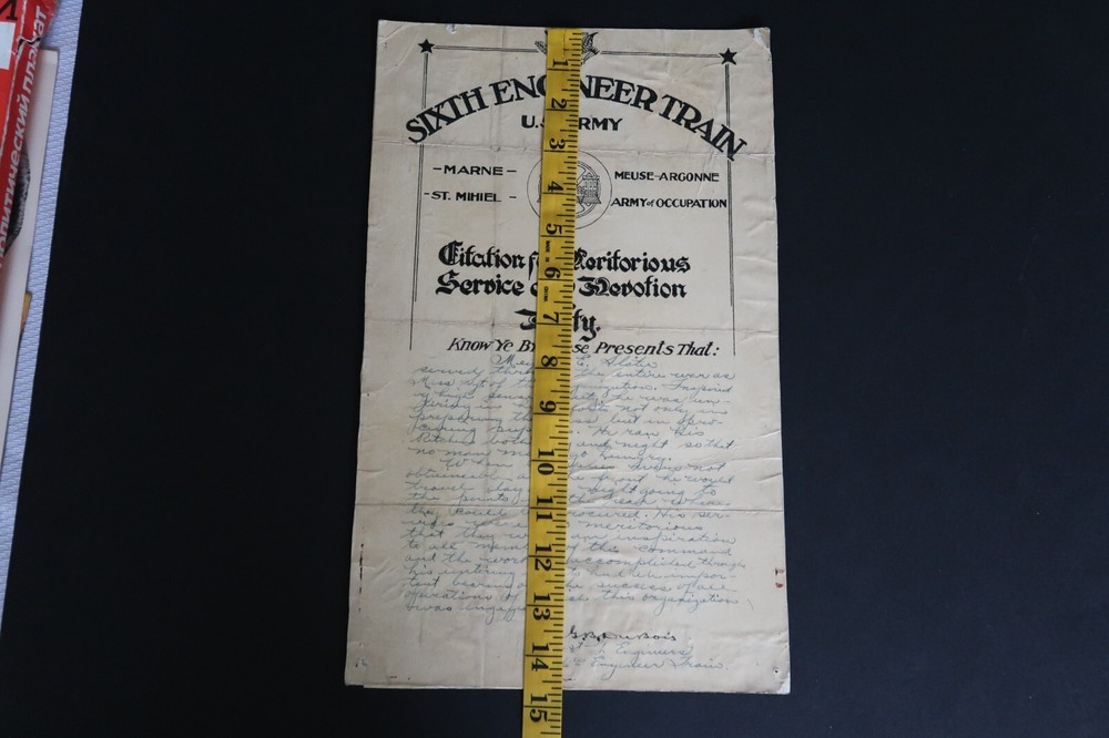 WW I 6th Engineer Batalion Citation Meritorious Service and Devotion Ephemera