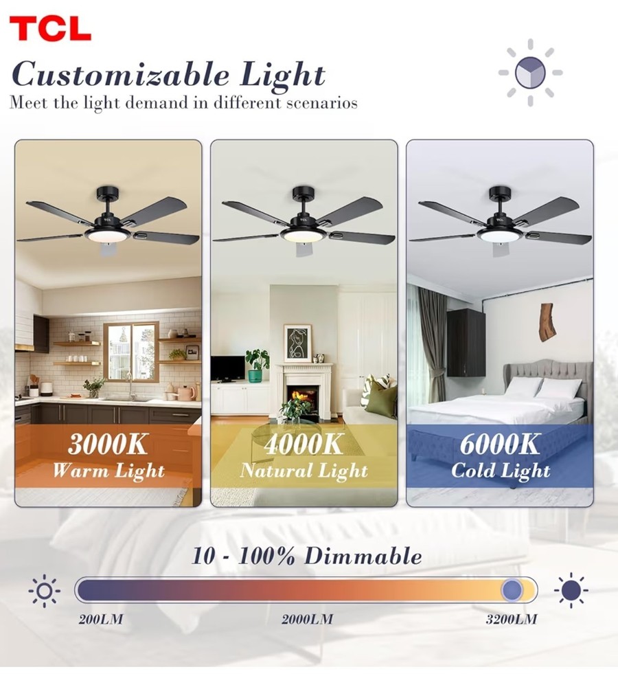 52 Inch Ceiling Fan with Light and Remote Control, Reversible DC Motor (Black)