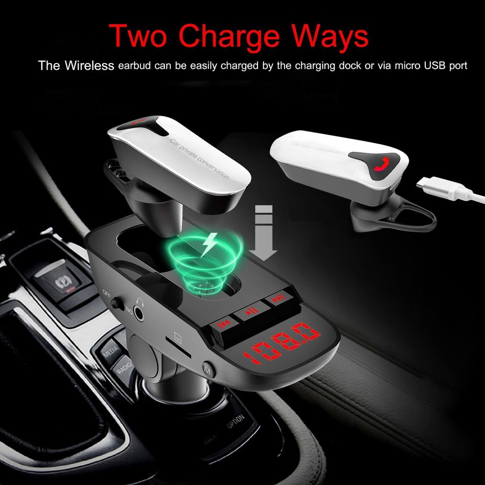 Car FM Transmitter w/ Wireless Earpiece 2 USB Charge Ports Hands-free Call MP3